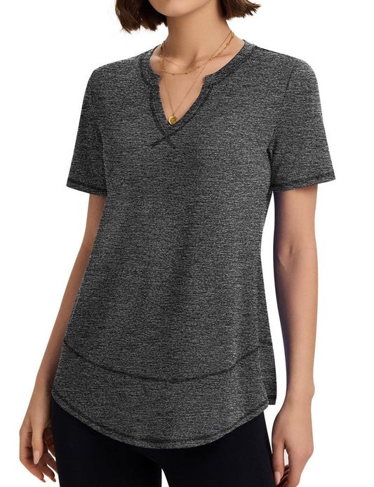 TCOT Women's Workout Tops Short Sleeve Athletic Yoga Shirts Moisture Wicking Shirts V Neck Running Tees Dark Grey L