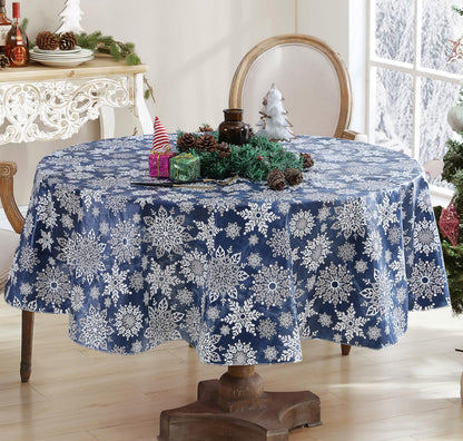Newbridge Christmas Navy Winter Snowflake 70 Inch Round Vinyl Tablecloth with Flannel Backing – Sparkling Silver Holiday Print Easy-Care Wipe Clean Table Cover