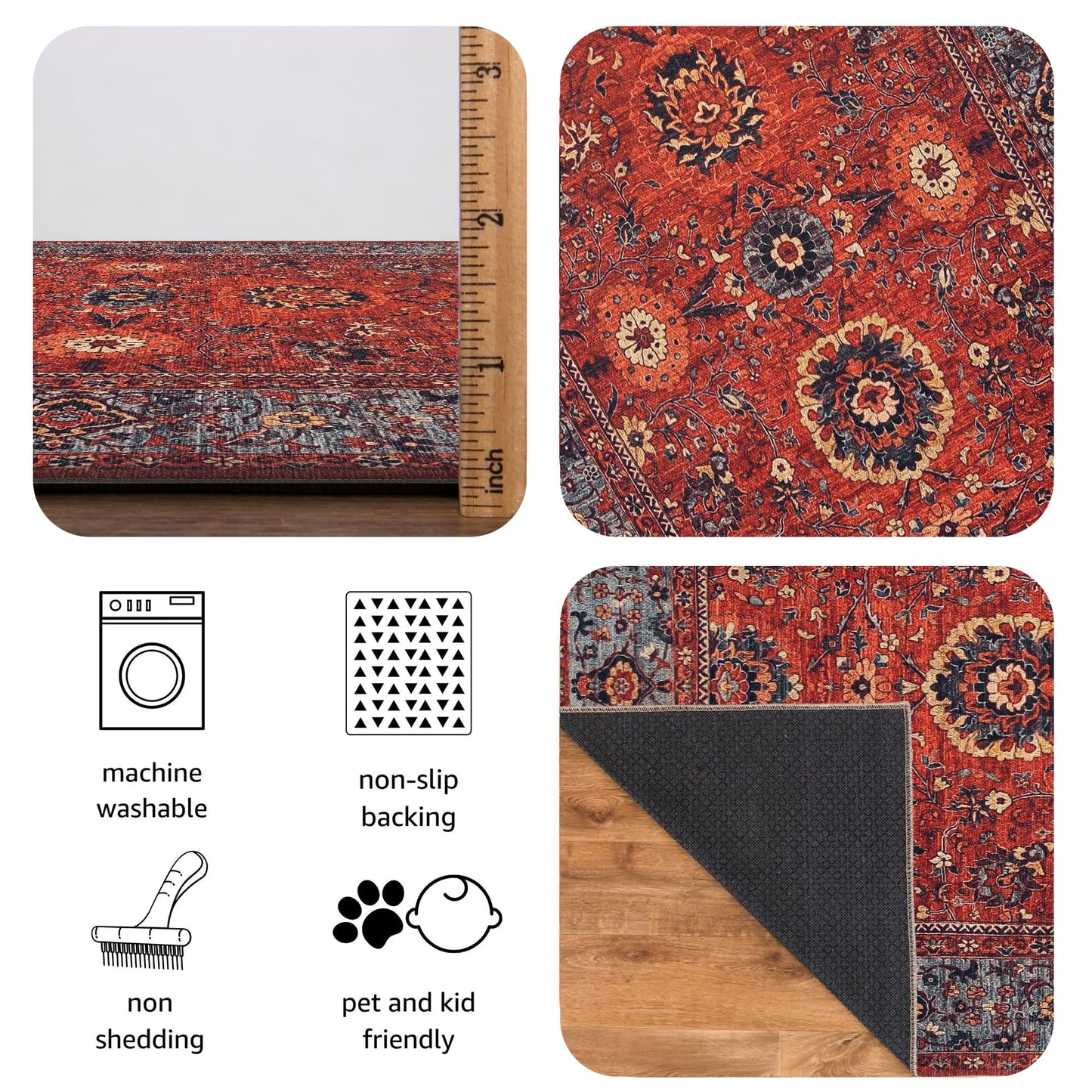 Keen Home Design 6x9 Rug - Machine Washable Area Rug with Non-Slip Backing, Ideal for Living Room, Dining Room, Bedroom - Vintage, Easy Clean, Durable, Low Pile Rug - (6' x 9')