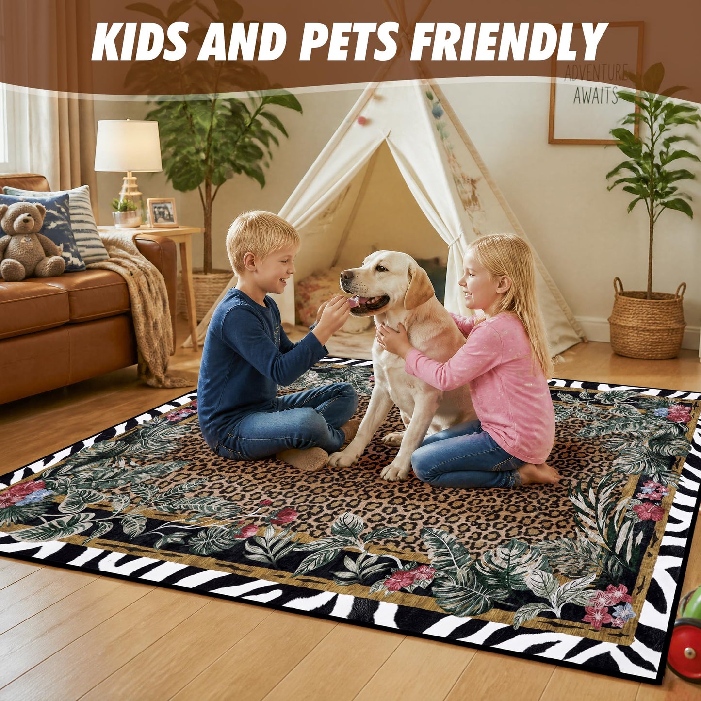 SAIFILI Leopard Area Rugs for Living Room 5×7, Washable Cheetah Rug with Zebra-Striped Border, Non-Slip Low Pile Animal Print Carpet for Bedroom, Dining Room, Playroom, Home Decor