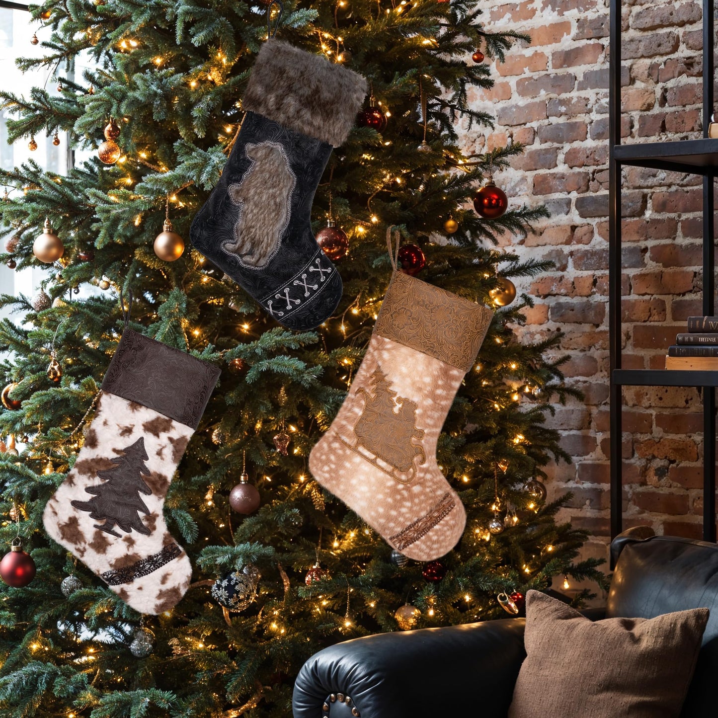 LUBOT 2025 Christmas Stockings Set of 6, Western Cowboy 20" Rustic Farmhouse Fireplace Hanging Décor Neutral Embossed Leather & Plush Faux Fur with Tassel Accents Large Family Xmas Stockings