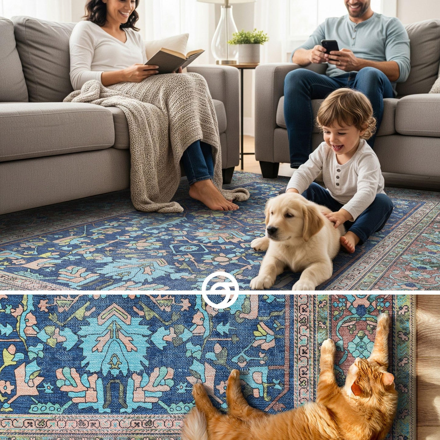 GIONARA Navy Blue Oushak Large Area Rug 8x10 - Washable Boho Rug Vintage Turkish Non-Slip Carpet Non-Shedding Extra Large Area Rugs for Living Room, Dining, Bedroom, Lounge, Farmhouse