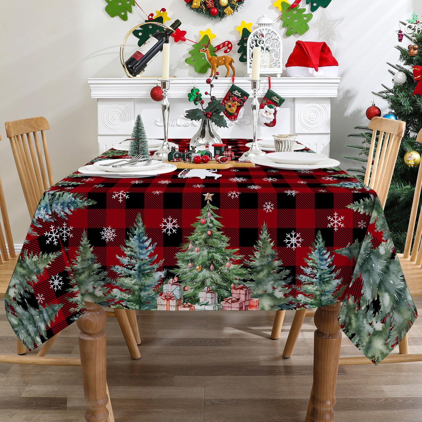 cusugbaso Christmas Tablecloth 60x84 Inches for Rectangle Tables - Christmas Tree Decor for Table - Water Resistant Plaid Xmas Table Cloth, Red Party Decorations for Kitchen, Home