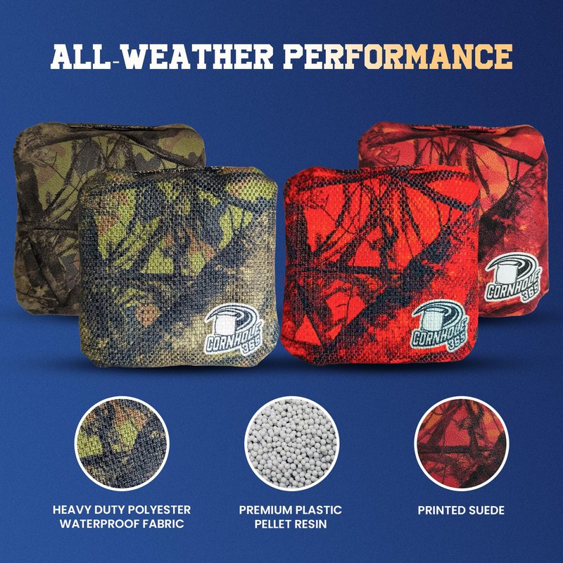 Cornhole365 Themed Cornhole Bags - 6"x6" All Weather Dual-Sided Slick & Stick - Plastic Resin Cornhole Bean Bag Filler & Suede - Dual Stitched for Sports Competition - Hunting Camo - Set of 8