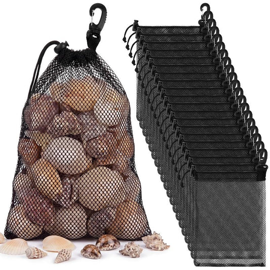 GliCraft 20 Pcs Mesh Drawstring Bag with Clip and Toggle Closure Bulk Black Closure Rock Collecting Bag for Adults Outdoor Mushroom Foraging Hunting Beachcombing Trekking