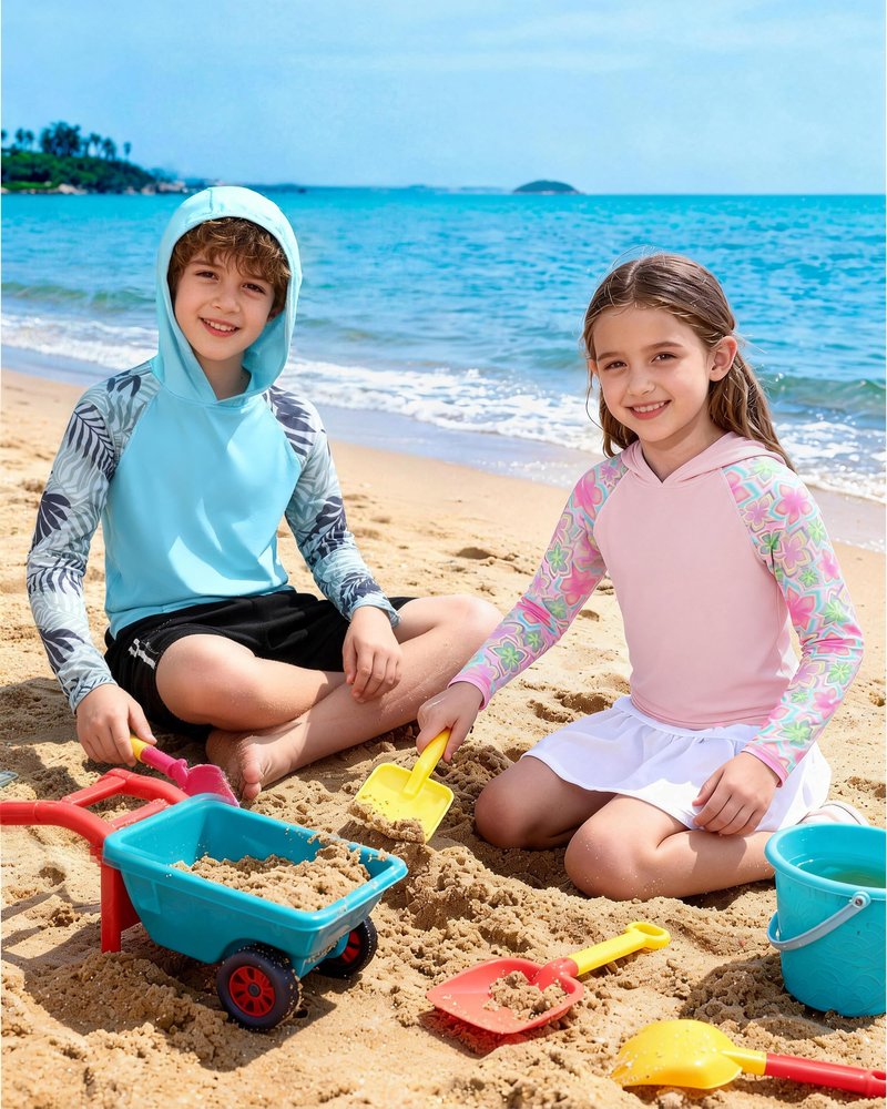 DRONIRING Boys Rash Guard Swim Hoodie, UPF 50+ UV Sun Protection Long Sleeve Fishing Shirt, Kids Youth SPF Water Shirts Pink-Green