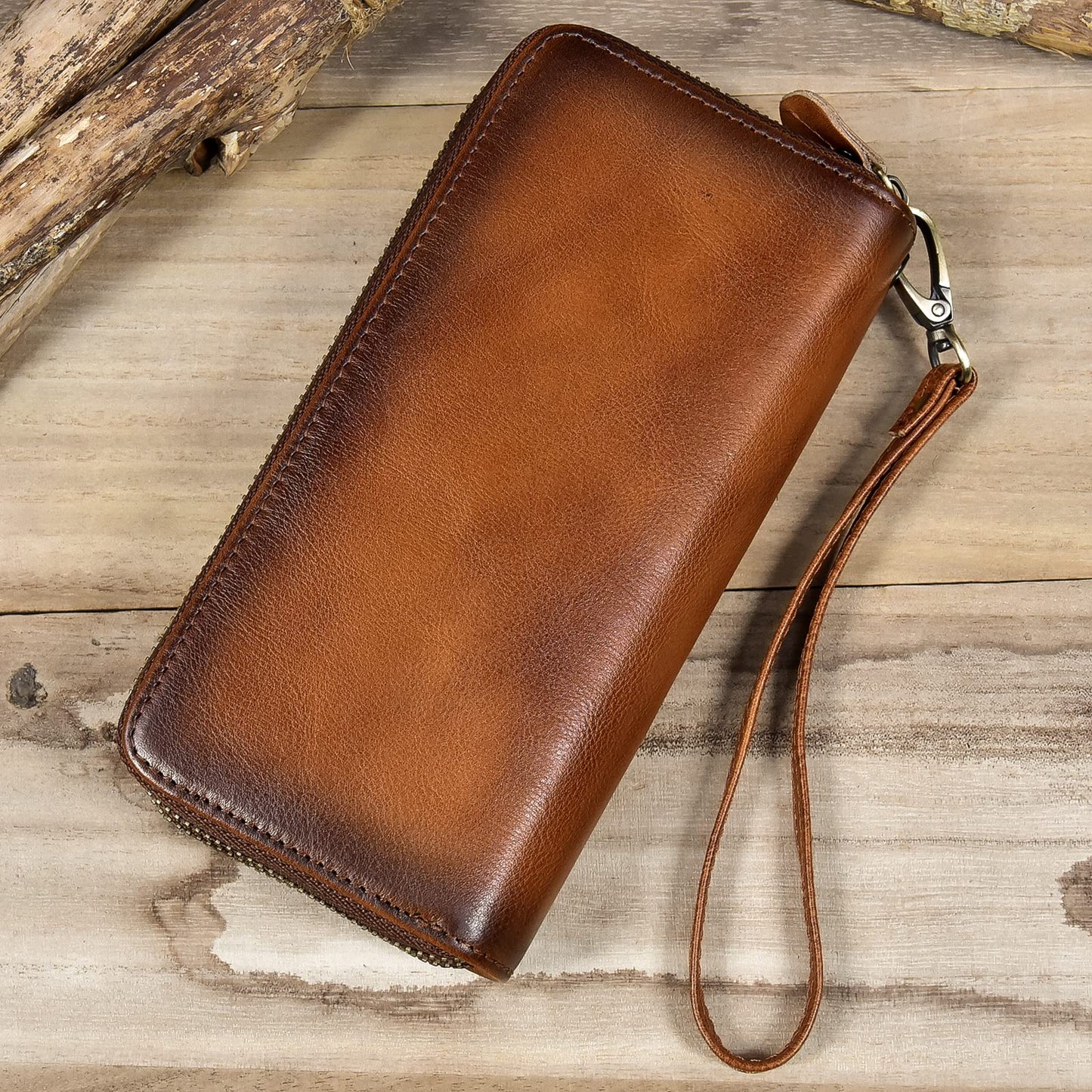 LUUFAN Men's Genuine Leather Clutch Bag Double Zipper Purse 4 Interlayer Zip-Around Wallet (Brown 4)