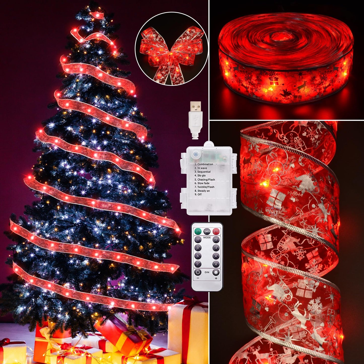 Vimorg Christmas Decorations - 2.5Inch x 66Ft 200 Led Christmas Tree Ribbon Lights with 8 Lighting Modes, Battery Operated & USB Powered Fairy String Lights with Timer for Xmas Tree Decor