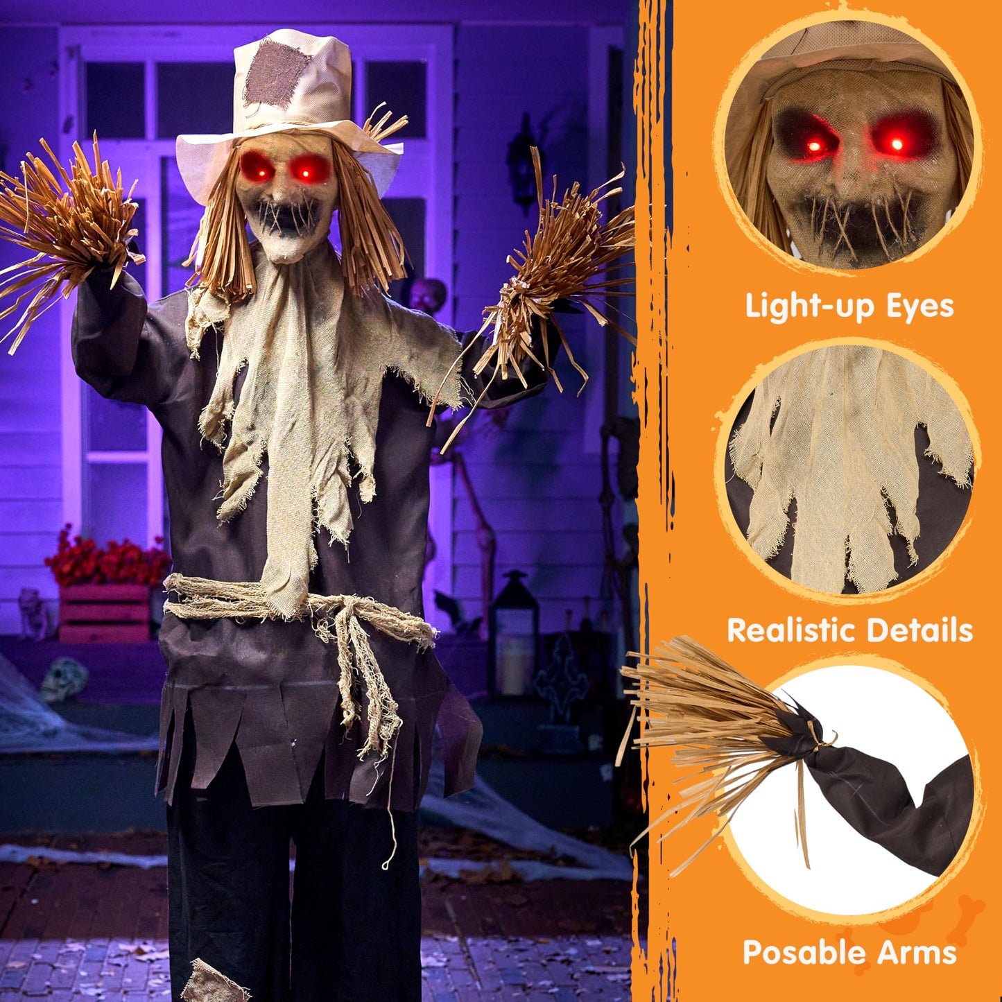 JOYIN 72" Halloween Animatronics Scarecrow Decoration Outdoor, Standing Ghost Prop with Motion Light Sound, Scary Animated Decor for Yard Farm Garden Indoor Haunted House