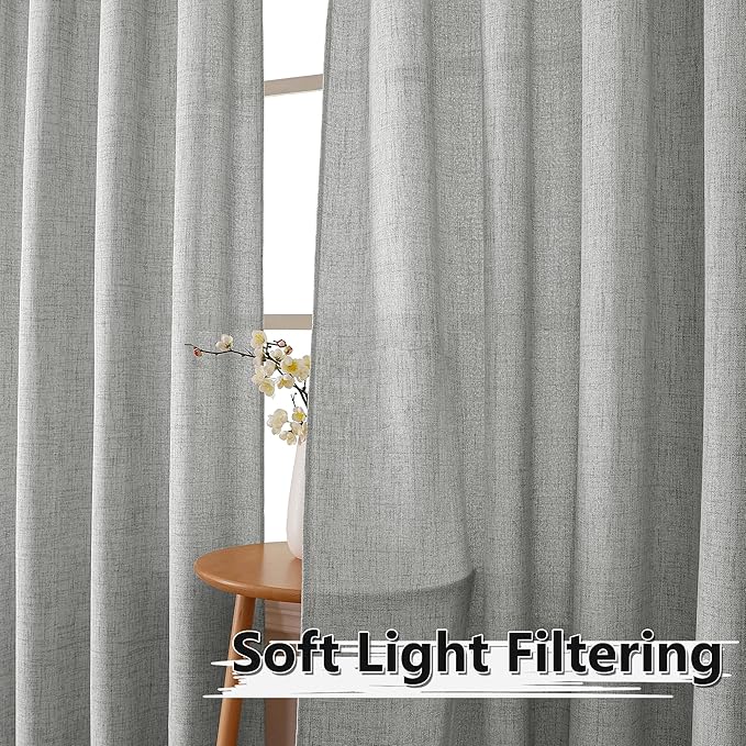 Tollpiz Short Linen Curtain Bedroom Rod Pocket Semi Sheer Curtains Burlap Light Filtering Thick Linen Drape for Living Room, 38 x 54 inches Long, Silver Grey, Set of 2 Panels