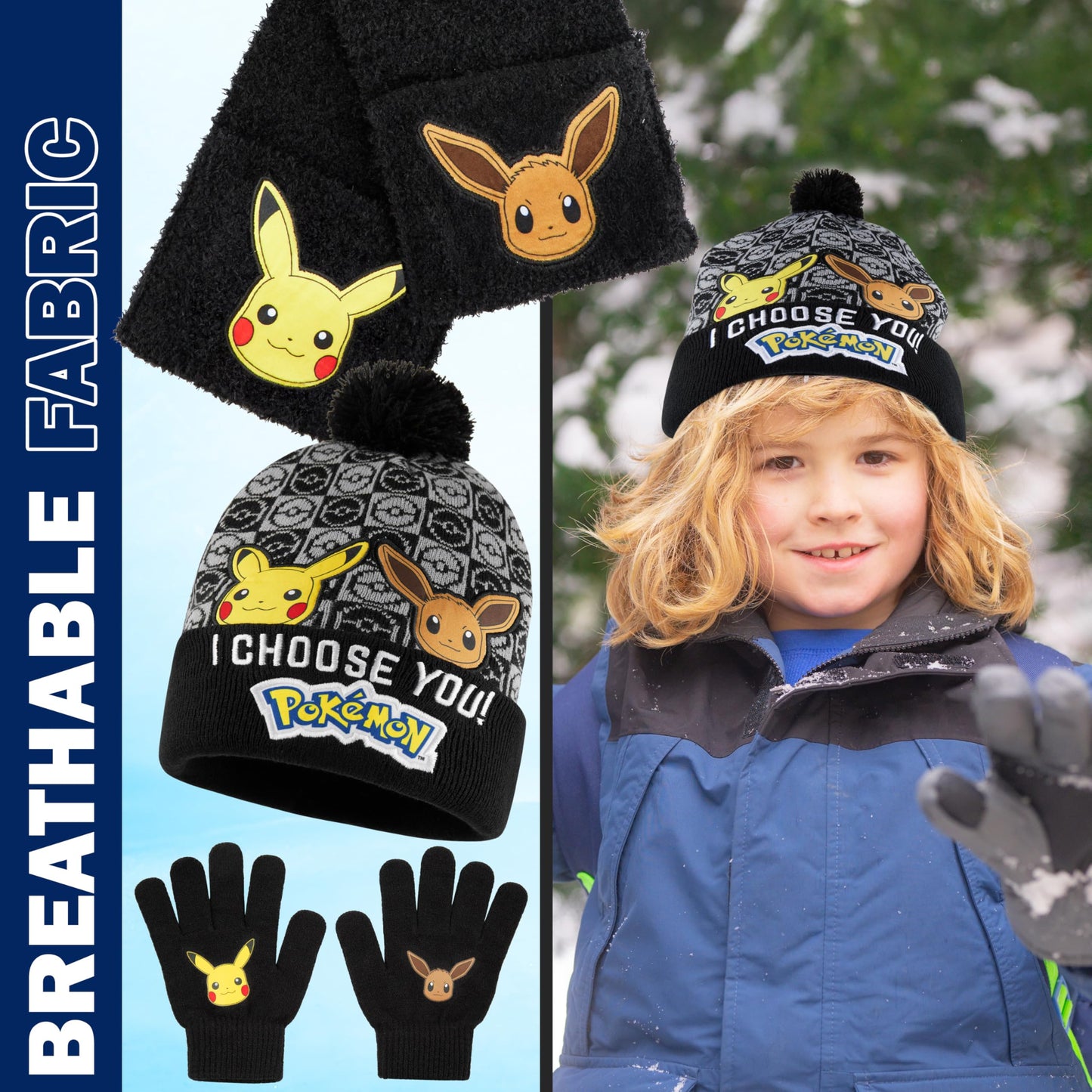 Pokemon Boys 3 Pcs Beanie, Gloves, and Scarf Set, Ages 5–12, Winter Accessories, Pikachu, Eevee, Cozy Gifts for Boys (6-14 Years, Black, 3 Pcs)