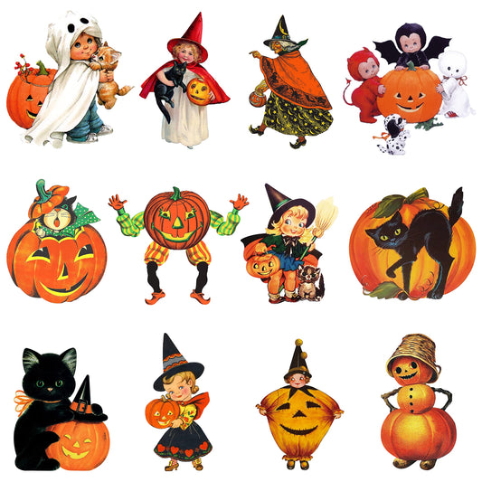 K1tpde 12PCS Vintage Cutout Home Decoration, Pumpkin Witch Cutout, Large Size Halloween Cutouts, Retro Cut-Outs, Trick or Treat Party Decorations