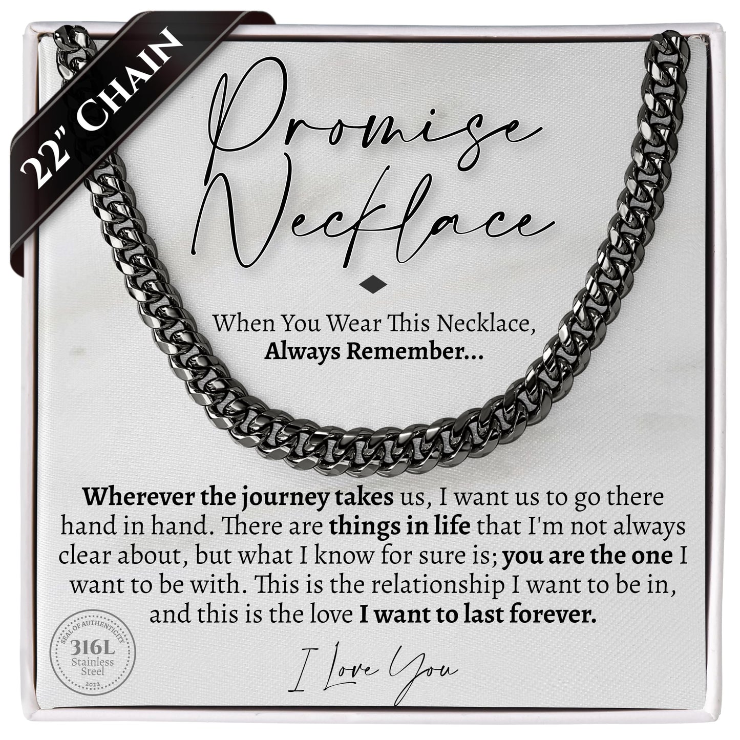 Love You This Much Promise 5mm Cuban Chain Necklace for Him, 22" Length + Luxury Box, Sentimental Anniversary for Him, Boyfriend Birthday, Couple Gifts for Husband or Boyfriend (Titan Black Finish)