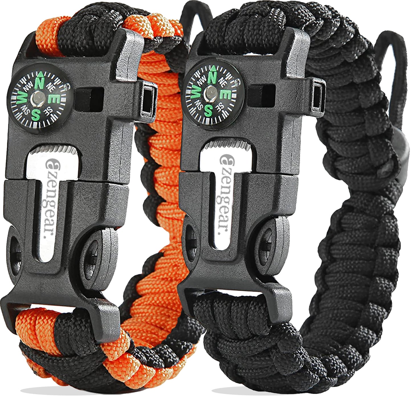 aZengear Paracord Survival Bracelet (2 Pack) | Flint Steel Fire Starter, Whistle, Compass, Mini Saw | Adjustable Wrist Band Size for Camping, Bushcraft, Emergency Kit (Black & Orange)