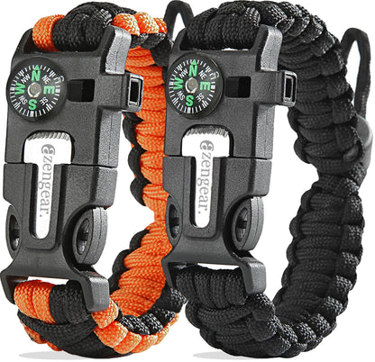 aZengear Paracord Survival Bracelet (2 Pack) | Flint Steel Fire Starter, Whistle, Compass, Mini Saw | Adjustable Wrist Band Size for Camping, Bushcraft, Emergency Kit (Black & Orange)