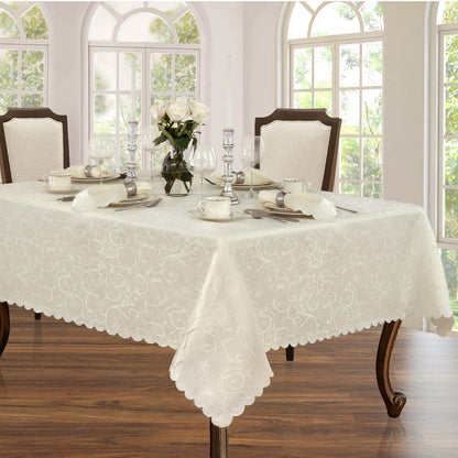Newbridge Christmas Holiday Portofino Scalloped Damask Fabric Tablecloth, 60 x 144 Inch Rectangle, Ivory, Wrinkle and Stain Resistant Fine Dining Holiday Party Table Cover