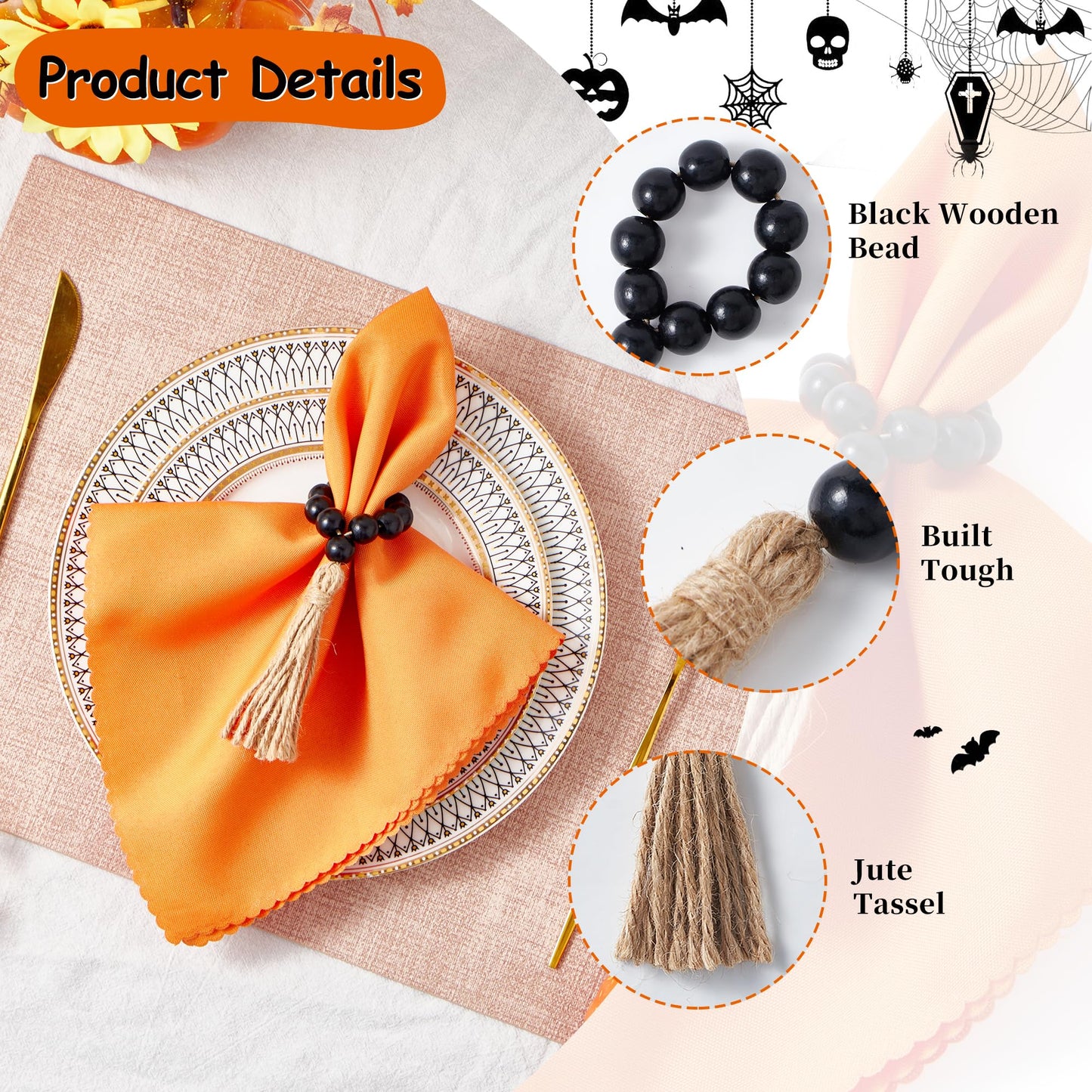 AWTWOW Napkin Rings Set of 12, Black Wooden Bead Napkin Rings for Table Decor, Hallowen Farmhouse Napkins Rings for Boho Table Decor, Fall Banquet, Wedding, Holiday Dinner Party