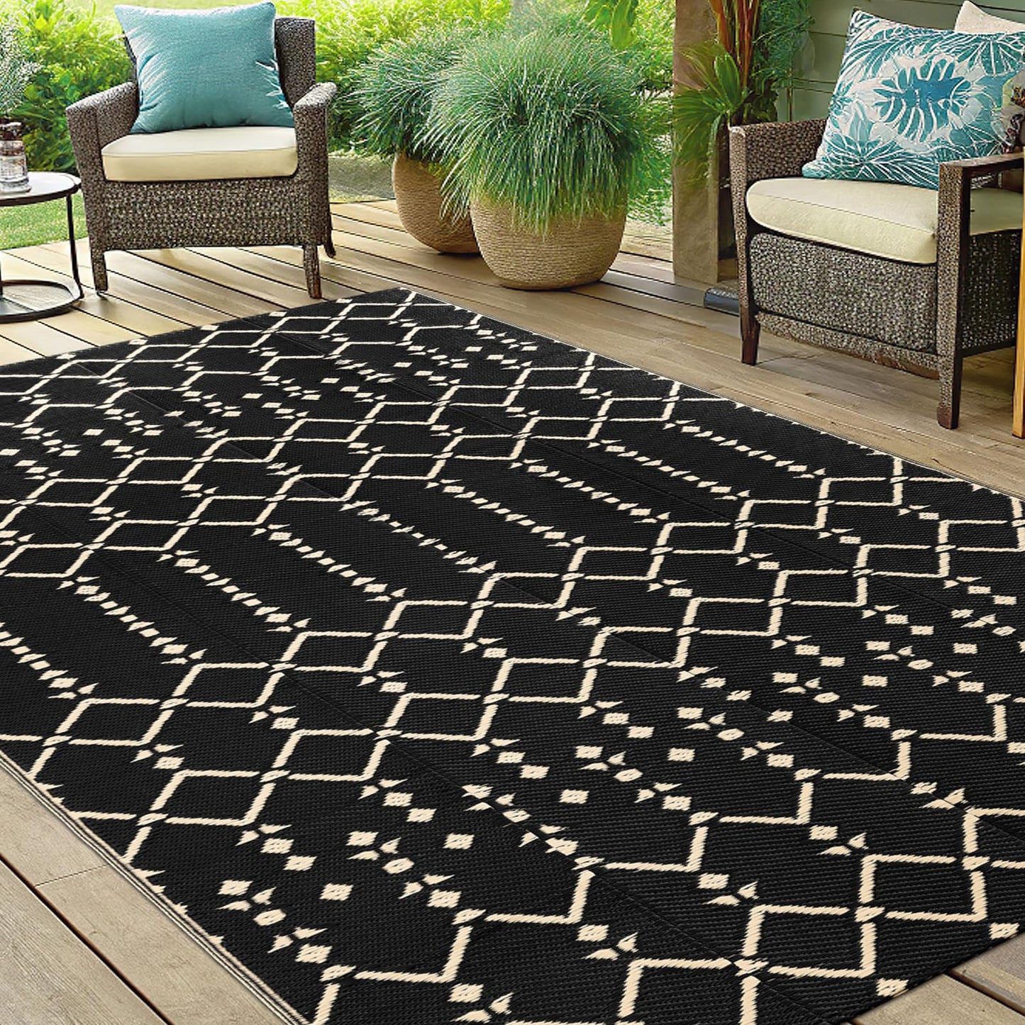Smiry Outdoor Rug 5x8 ft, Waterproof Reversible Plastic Straw Rugs, Boho Outdoor Area Rug, Outside Floor Mat for Patio, Backyard, Deck, Picnic, Beach, Camping, Beige