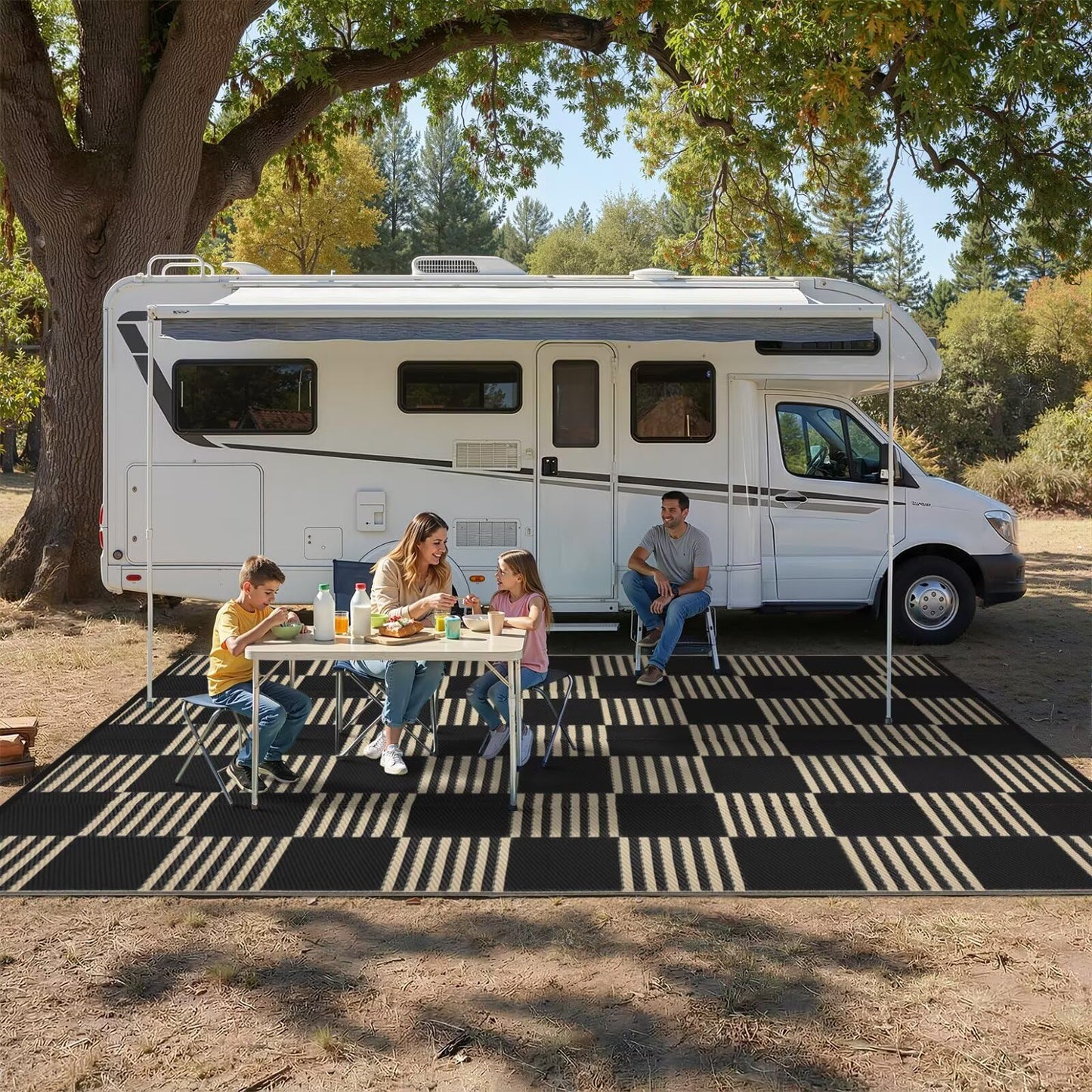 Garvee Waterproof Outdoor Rug 5x8, Checkered Foldable Plastic Straw Patio Camping Rug, Outdoor RV Carpet for Deck Camper Porch Balcony Backyard Picnic Beach Black and Brown