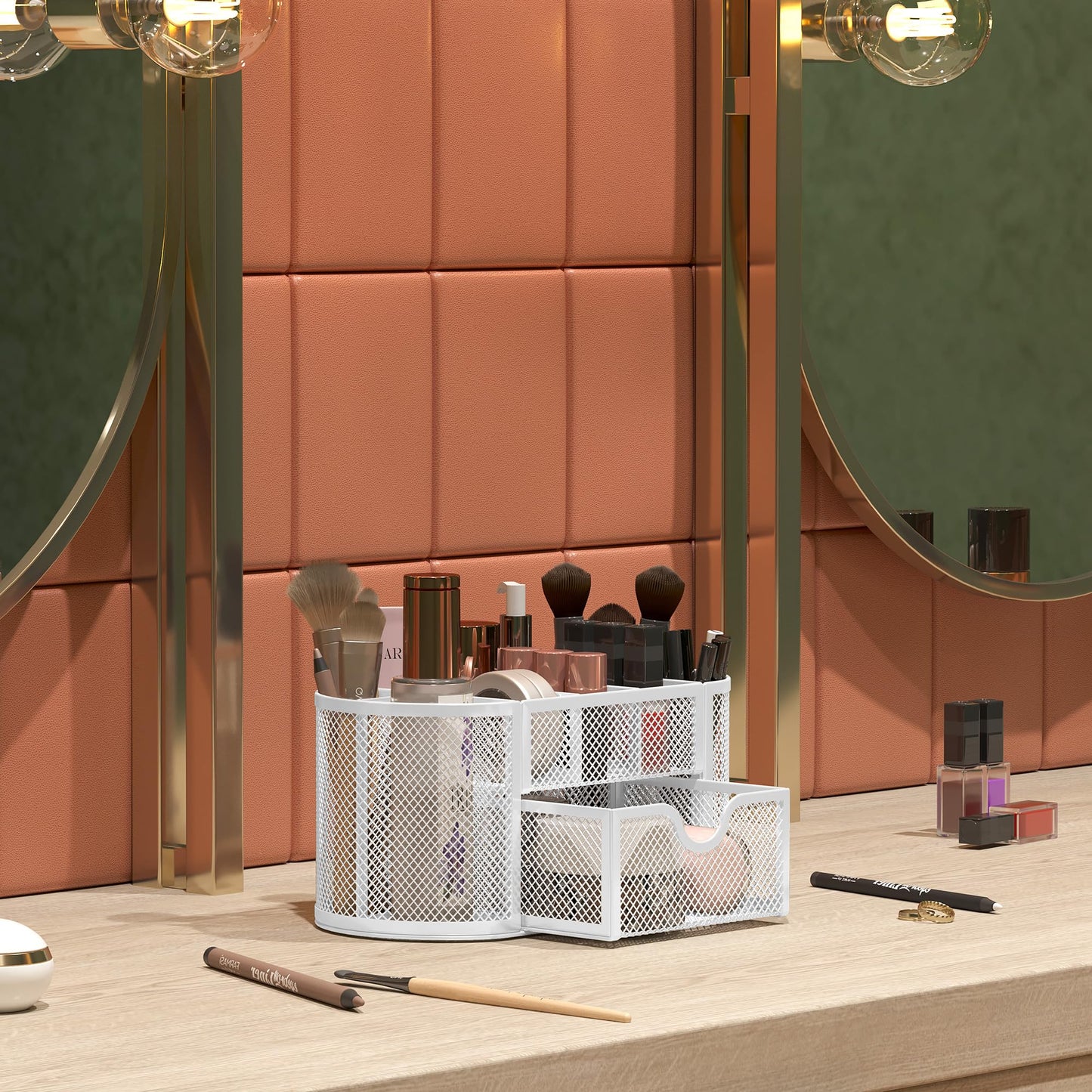 EasyPAG Mesh Desk Organizer, Multi-functional Stationery Organizer for School Supplies, Office Pen Holder for Desk, 9 Compartments Dorm Organization with Drawer, White