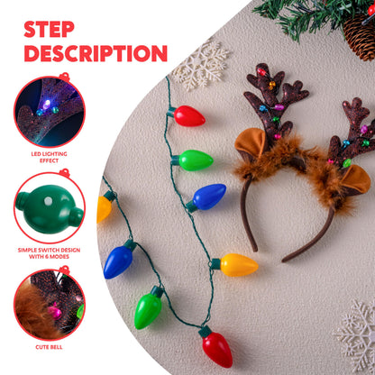 JOYIN 2PCS Christmas LED Necklace and Reindeer Headband, Light Up Necklace with 9 Bulbs, Christmas Headwear and Holiday Parties Xmas Costume Accessories Party Favors.