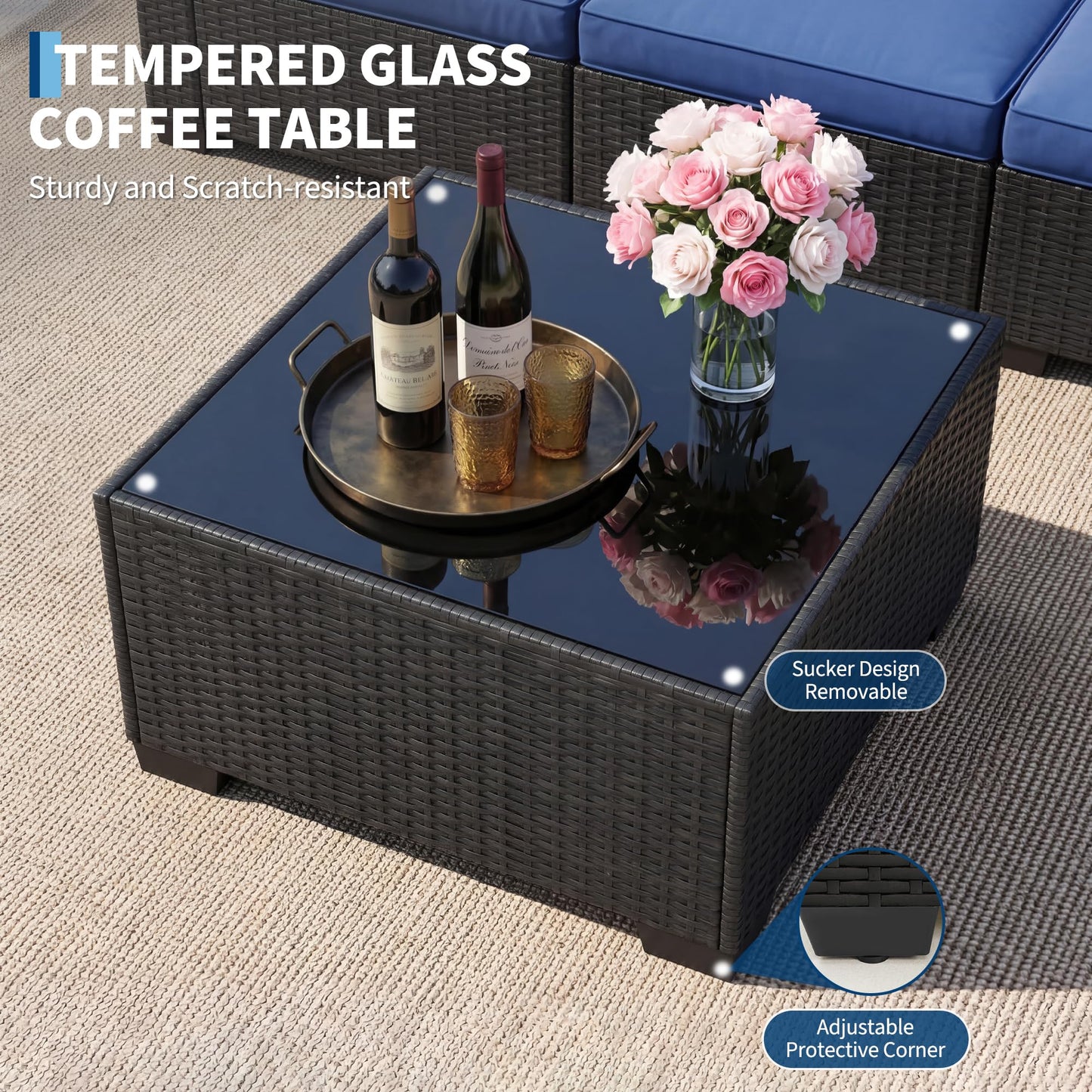 GarveeHome 7-Piece Modular Outdoor Patio Set, Sectional Rattan Wicker Sofa with Water-Resistant & Washable Thick Blue Cushions, Includes Coffee Table, Black Frame for Garden, Deck, Poolside