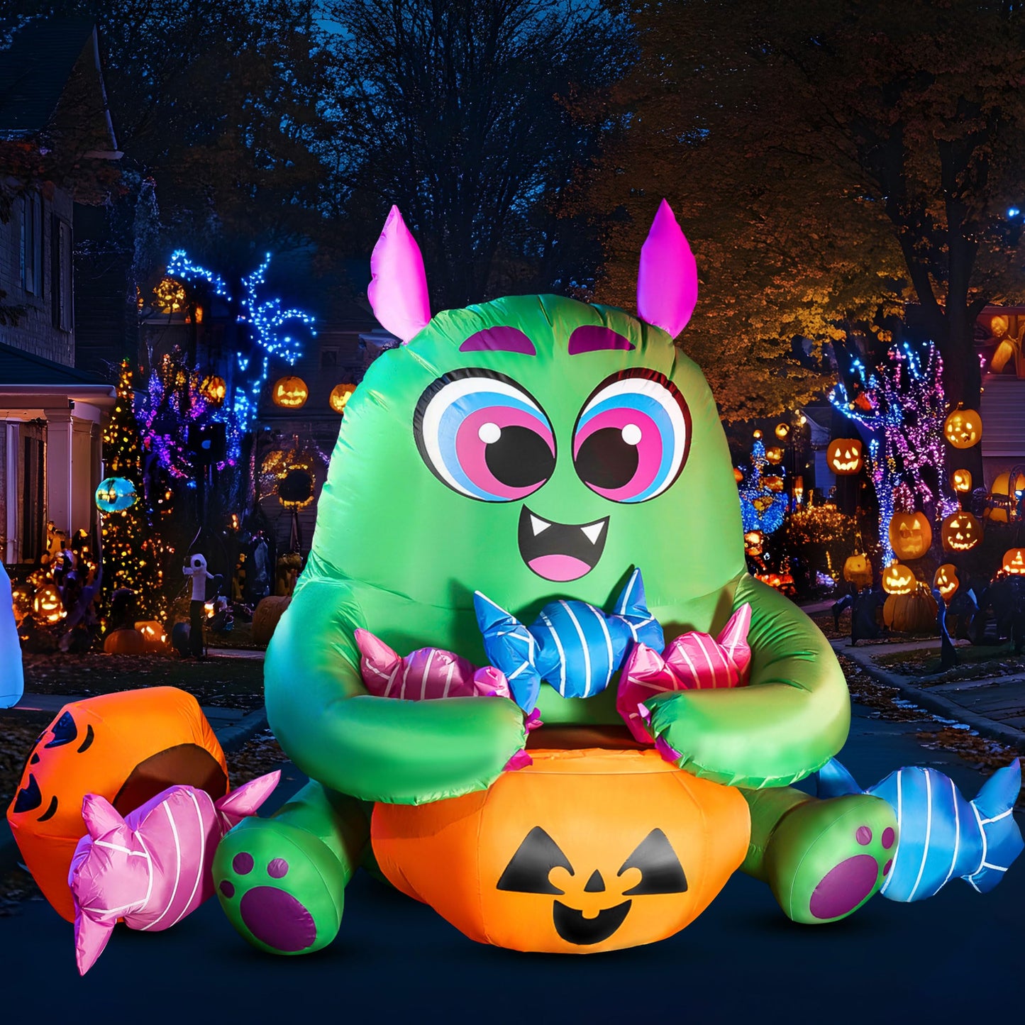 Joiedomi 5 Ft Long Cute Halloween Inflatables Monster with Candies Outdoor Decorations, Blow Up Monster with Build-in LEDs Halloween Inflatables for Indoor, Outdoor, Yard, Garden, Lawn Decorations