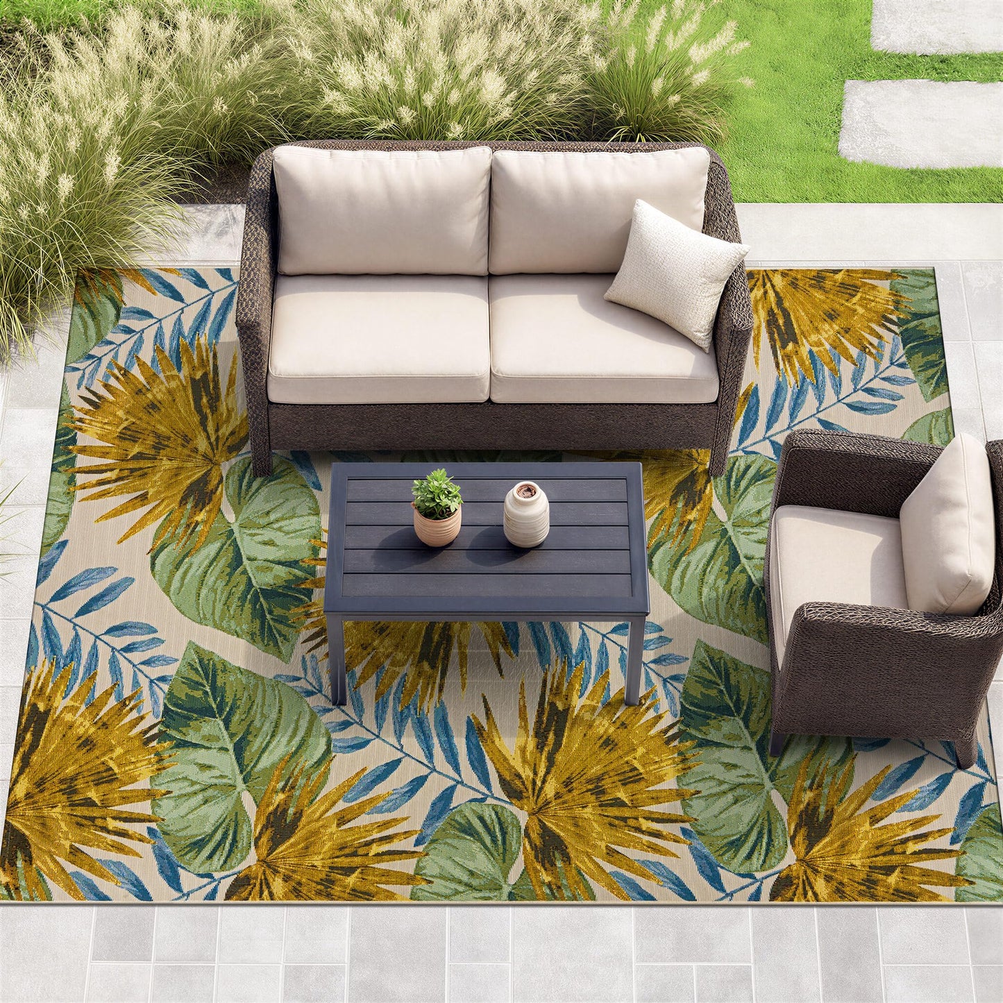 Rugshop Tropical Garden Palm Indoor/Outdoor Patio Area Rug, Easy Clean Outdoor Rug for Porch Deck Balcony, Green Gold 7'10" x 10'6" Green