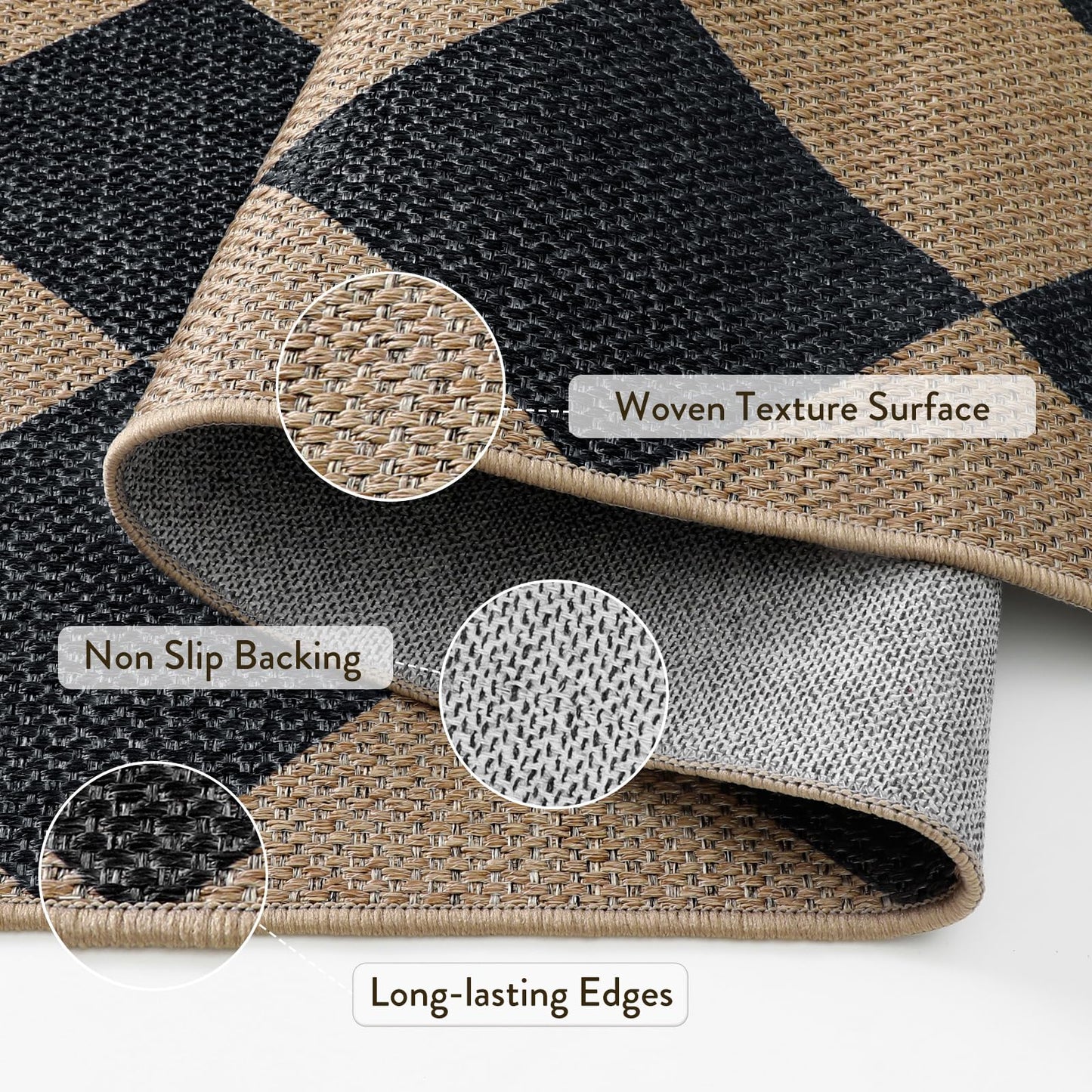 Lahome Checkered Easy Jute 5x7 Area Rugs, Washable Outdoor Patio Rug for Living Room Diamond Indoor Outdoor Carpet, Farmhouse Geometric Non Slip Black Carpet for Backyard Dining Room