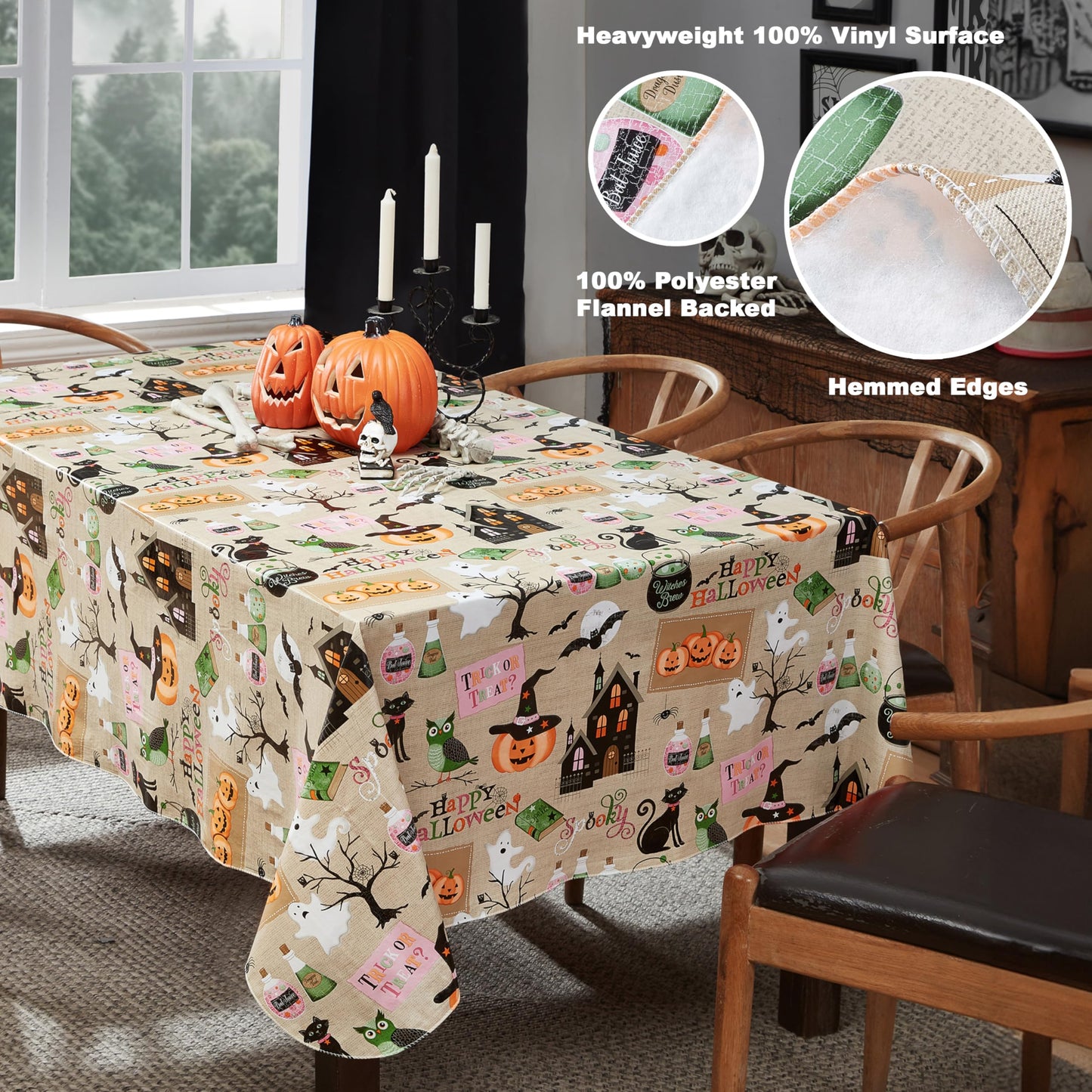 Newbridge Happy Halloween Witches Brew 52 x 70 Inch Rectangle Vinyl Tablecloth with Flannel Backing