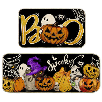Unibyby Halloween Kitchen Mat Spooky Pumpkins Ghost Halloween Kitchen Mats for Floor, Boo Black Cat Kitchen Rugs and Mats Non Skid Washable Set of 2, Decorative Kitchen Decor 17x29 and 17x47 Inch