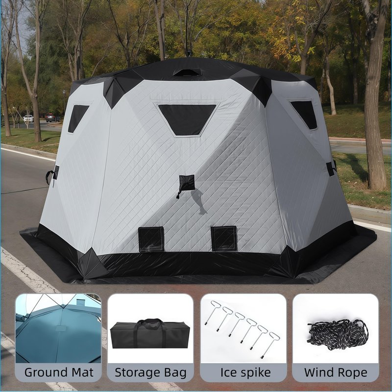 Quick-Opening ice Fishing Tent, 420D Hexagonal Insulated Tent, Accommodates 6-8 People; Portable ICES Grey ice Fishing hut with Stove and Chimney Floor, Ideal for ice Fishing and Winter Camping