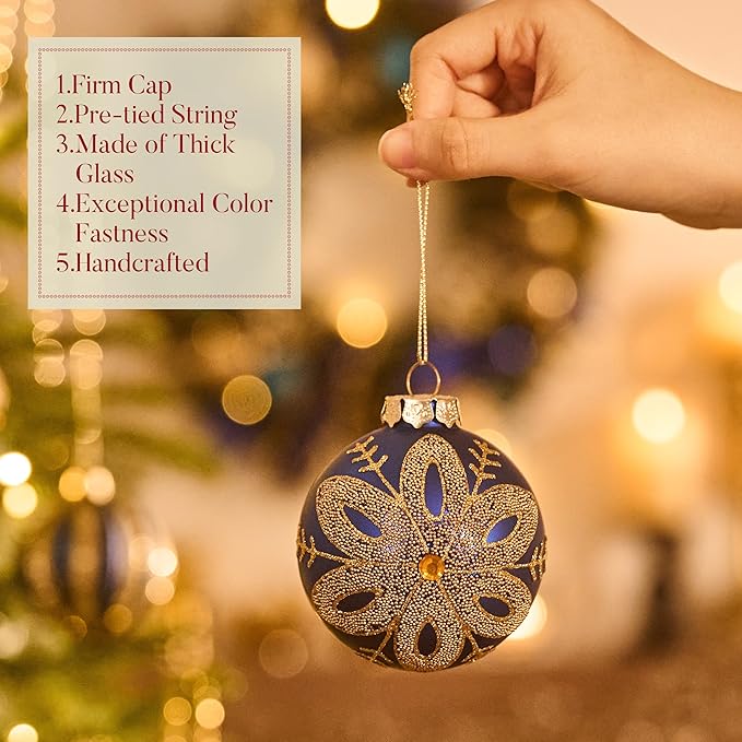 Valery Madelyn Glass Christmas Ornaments Set, 10ct Blue Gold Mercury Blown Glass Christmas Tree Ball Decorations, Luxury Hanging Teardrop Finial Faceted Reflector Decor