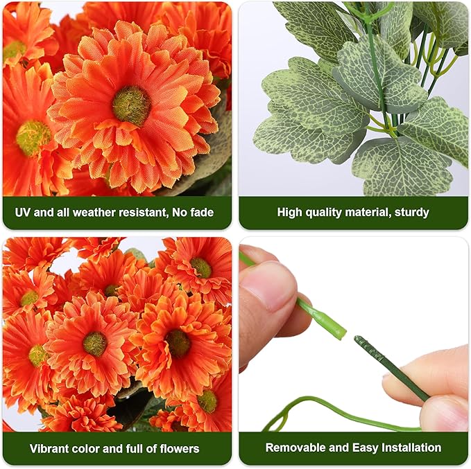HyeFlora Dahlia Artificial Fall Flowers for Outdoors Autumn Decoration, 6 Bundles Fake Mums Orange Faux Flowers Plants Realistic UV Resistant Silk Flowers for Outside Planter Front Door Yard Garden