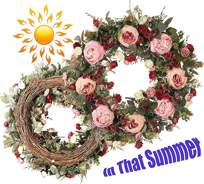 Spring & Summer Wreath, 24in Round, Red Silk & Grapevine, Door Mount, Seasonal Decorative