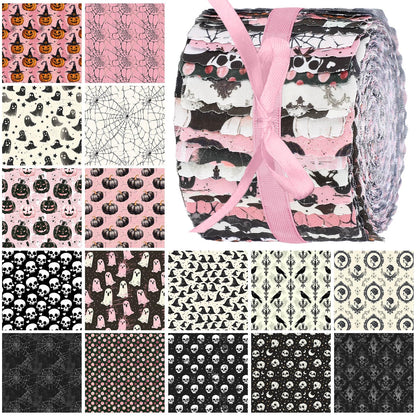 Hosuly 40 Pcs Pink Halloween Fabric Vintage Pumpkin Crow Skull Ghost Spiderweb Quilting Fabric Patchwork Roll Halloween Quilting Strips 2.55 Inch Precut for Sewing Material DIY Crafts