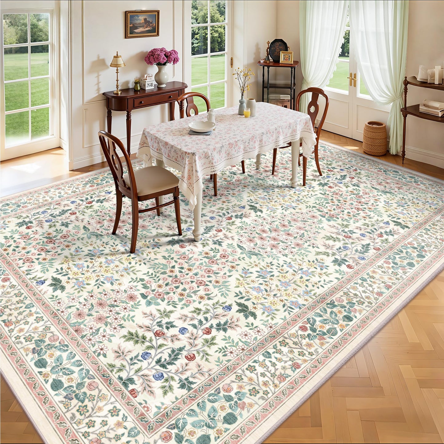 Yarooge 8x10 Area Rugs, Machine Washable Low Pile Floral Rugs for Living Room, Bedroom, Large Boho Area Rug with Non-Slip Backing for Dining Room(Pink Floral)