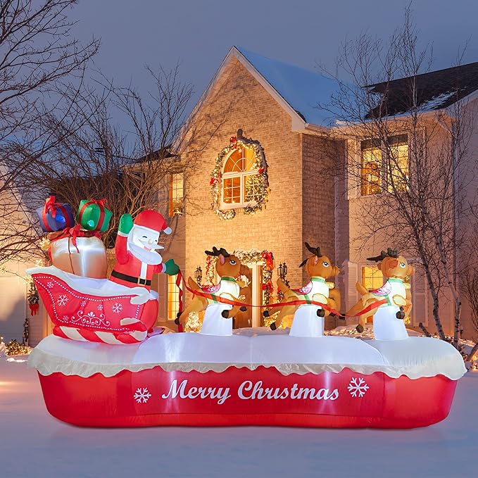 COOLWUFAN 10 FT Christmas Inflatables Outdoor Decorations Santa Claus on The Sleigh with Cute Elks, Blow Up Inflatable Yard Decoration Clearance with Lights for Christmas Party, Outdoor, Garden Lawn
