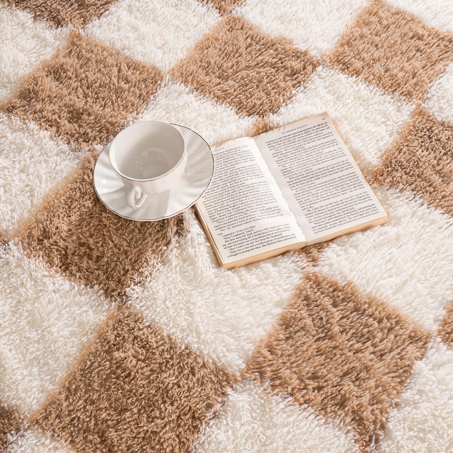 Pionblank 8x10 Area Rugs for Living Room, Fluffy Plush Checkered Rug for Bedroom, Shag Non Slip Soft Furry Large Carpet for Kids Room Nursery Home Decor, Beige and Cream White