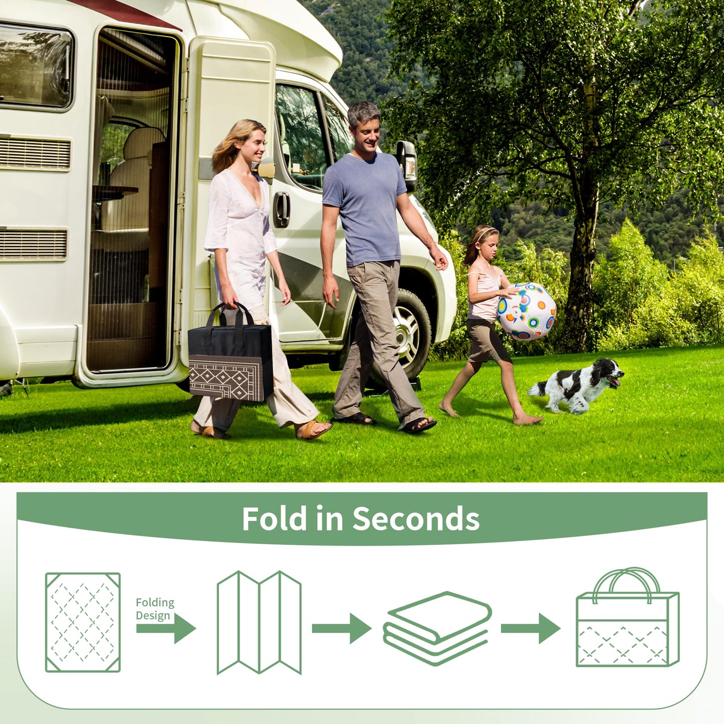 GENIMO Outdoor Rug Waterproof for Patio, 10'x14' Foldable Reversible Plastic Straw Carpet for Travel Trailers, Outside Area Mat for Rv, Deck, Picnic, Porch, Camper, Balcony, Beach, Coffee & Beige