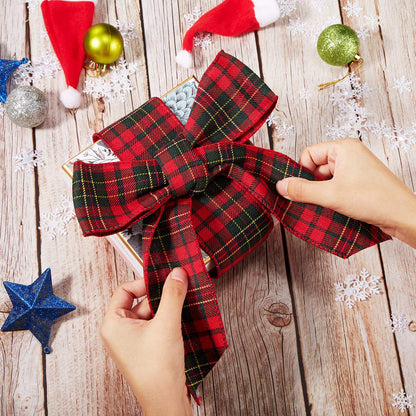 Christmas Wired Edge Plaid Ribbon 2.5 Inches Black and White Buffalo Wrapping Ribbon Gingham Ribbon for Christmas Tree Wreath Gift Wrapping, Crafts, and Decorations(Red with Green and Gold Line Plaid)