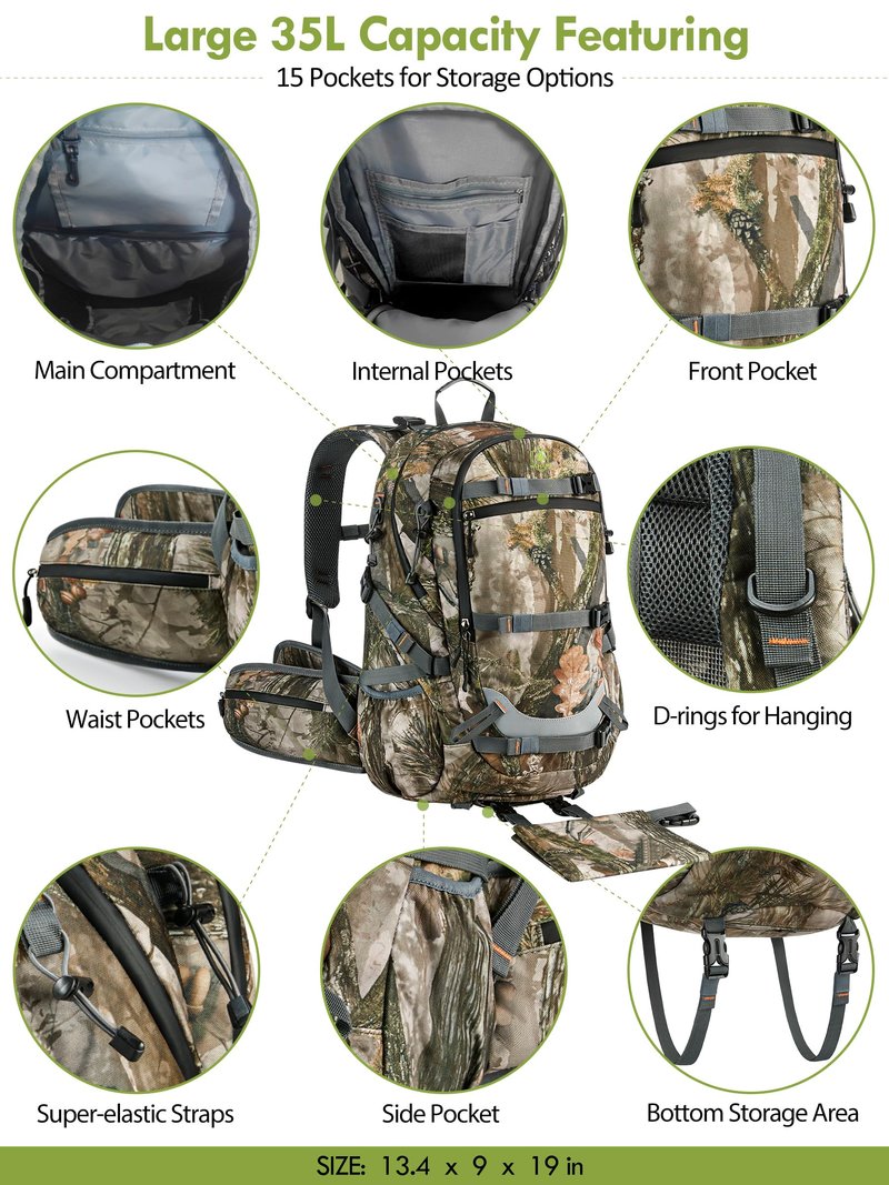 Camo Hunting Backpack for Men, 35L Durable Hunting Pack, 600D Daypack with Rain Cover, Interal Frame Support