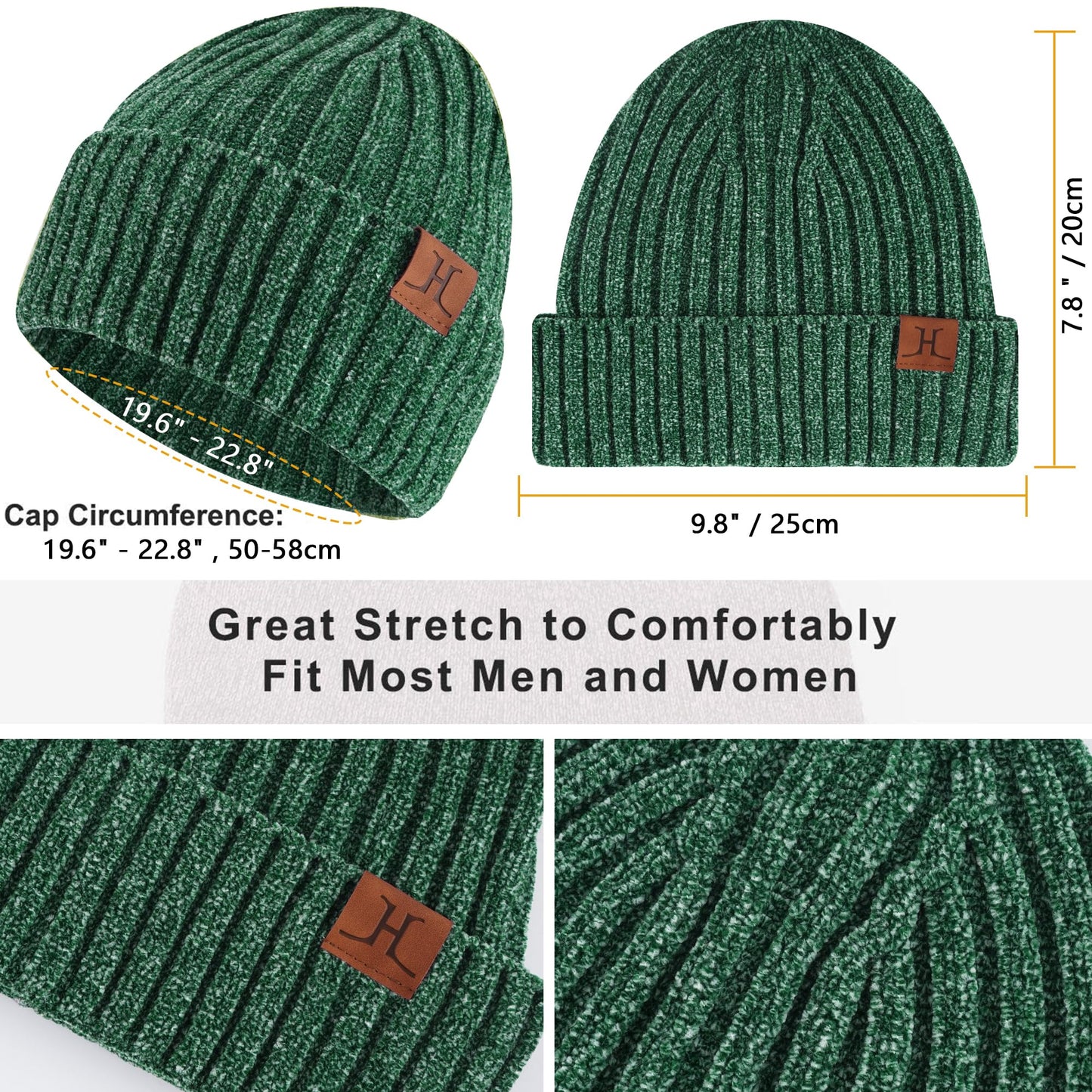 Womens Winter Knit Warm Hat Beanie Long Scarf Touch Screen Gloves Set Skull Caps Neck Scarves for Women Men Dark Green