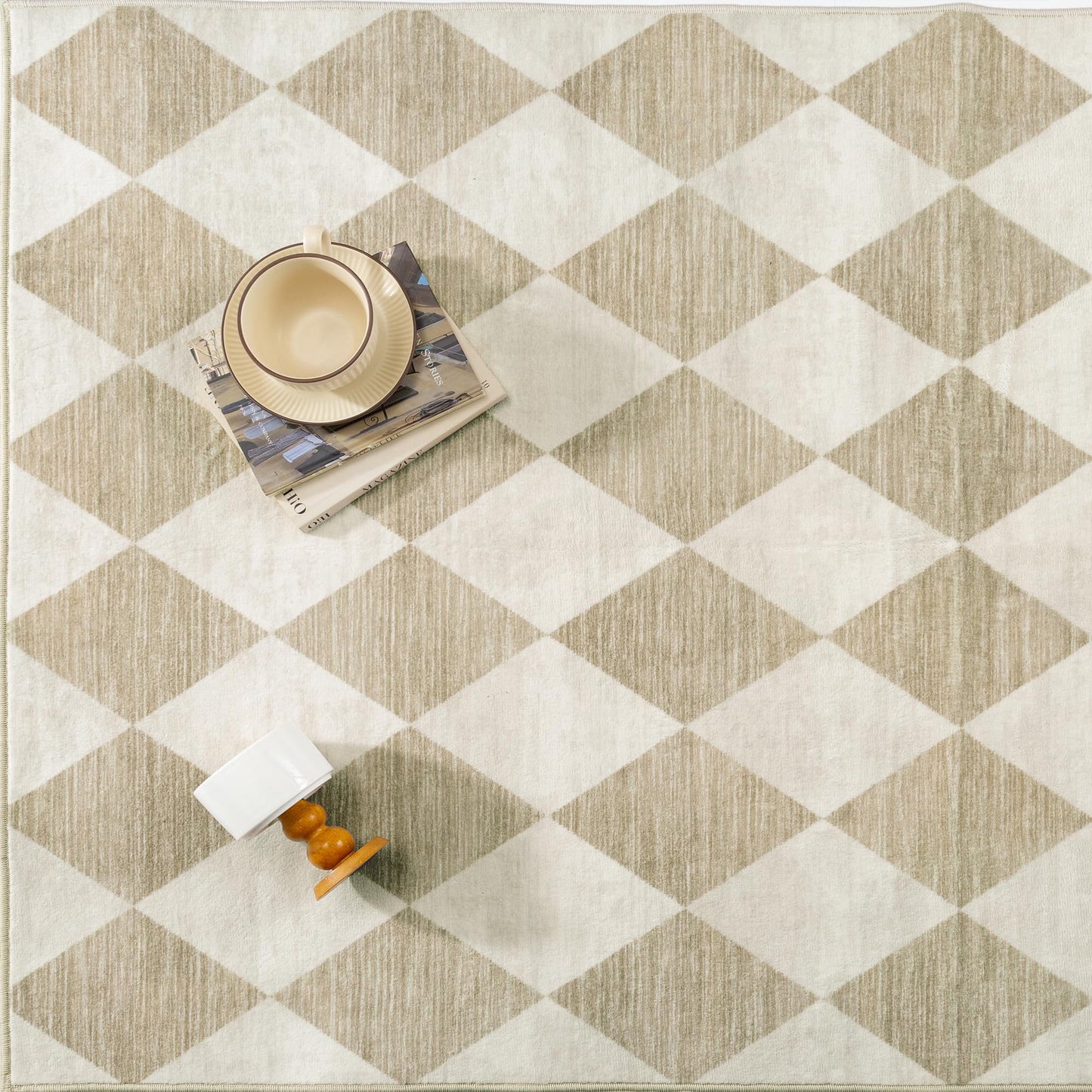 WondRg 8x10 Checkered Beige Area Rug for Living Room Bedroom Washable Soft Modern Non Slip Large Throw Rug Lightweight Low Pile Neutral Carpet Dining Room Office Classroom Nursery Playroom
