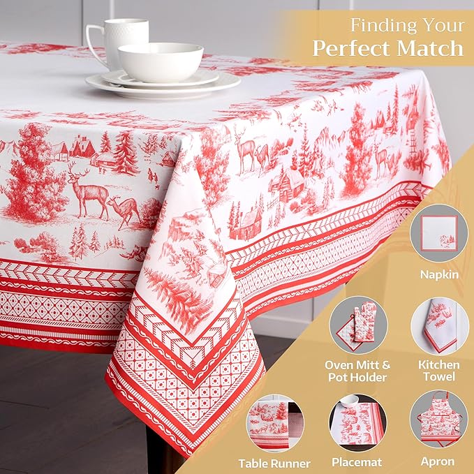 Maison d' Hermine Table Cloth Rectangle Table 100% Cotton 60 x 108 Inches Fall Tablecloth Reusable Everyday Use for Thanksgiving Christmas Decorations Dining Farmhouse Party (Winter Jouy)