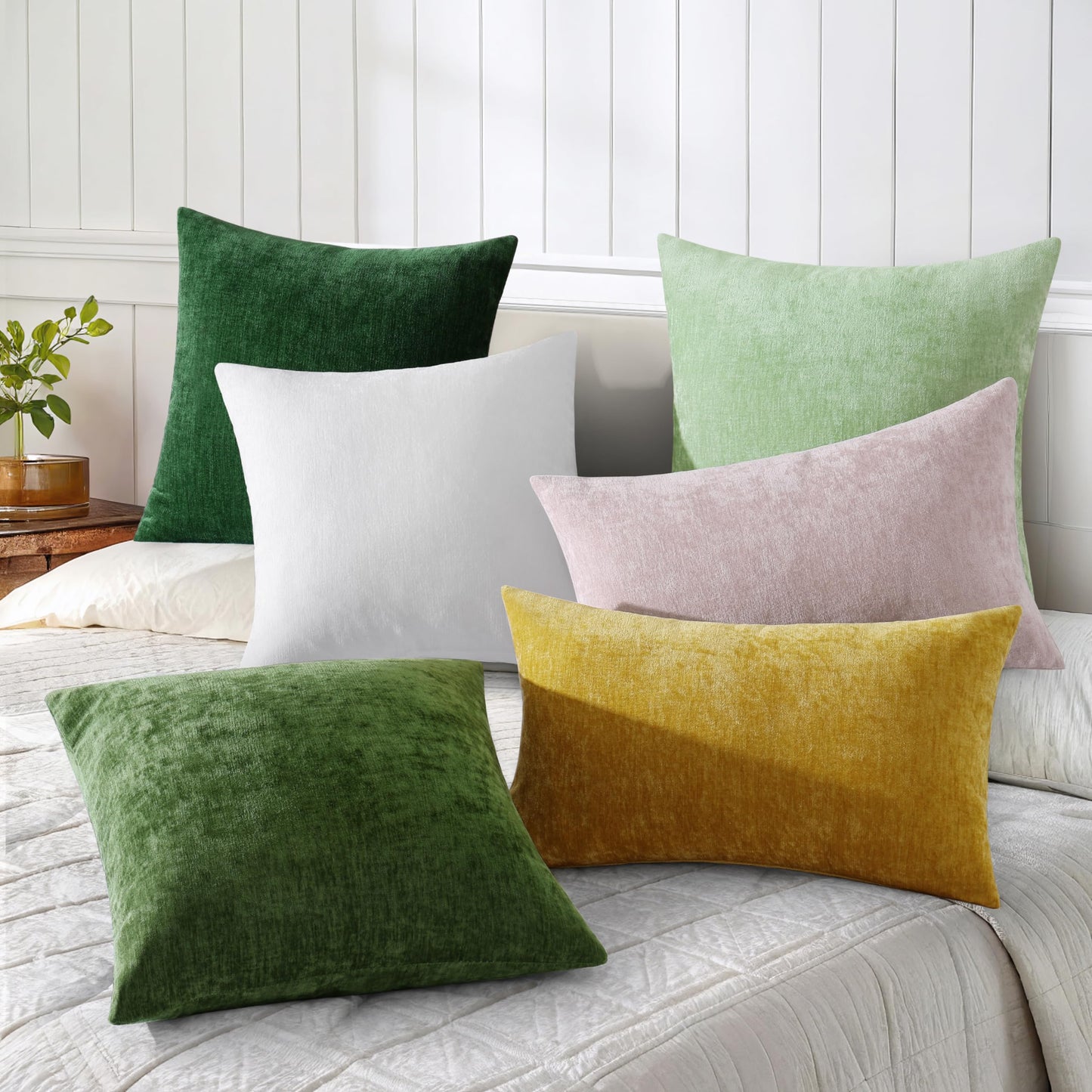 decorUhome Chenille Moss Green Christmas Throw Pillow Covers 18x18 Inch Set of 2, Decorative Soft Couch Pillow Covers Solid Dyed Accent Farmhouse Neutral Square Pillow Cases for Sofa
