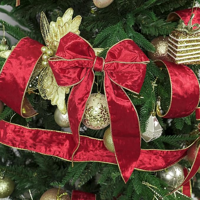 MEEDEE Red Velvet Wired Ribbon 2.5 Inch 10 Yards Double Sided Gold & Red for Christmas Tree, Wreath & Crafts