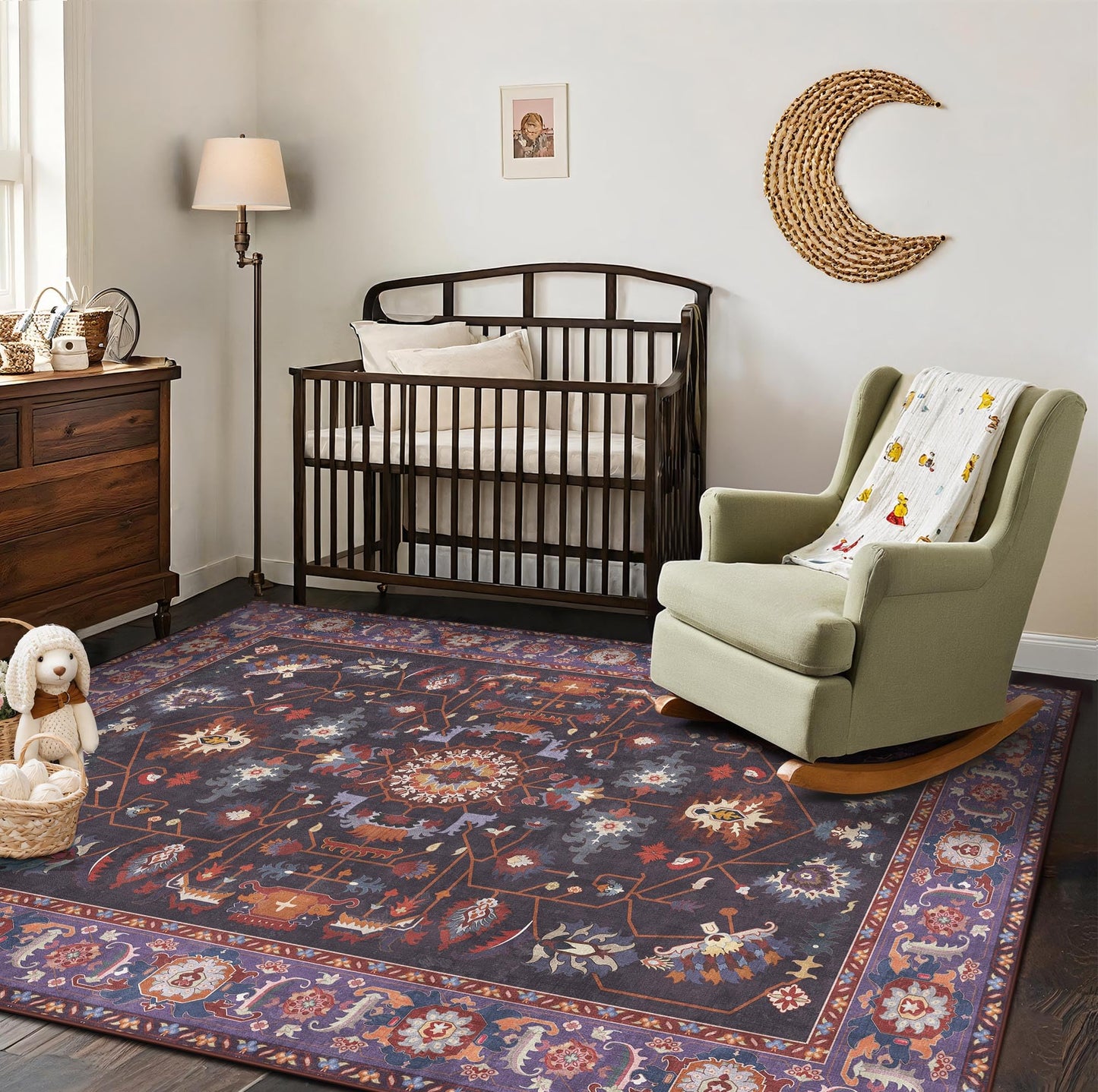 Kokia Living Room Area Rug 5x7 Soft Washable Non Slip Low Pile Purple Oriental Medallion Stain Resistant Rugs for Bedroom, Dining Room, Kitchen, Indoor Leisure Rooms, Nova Violet Plum Pumpkin