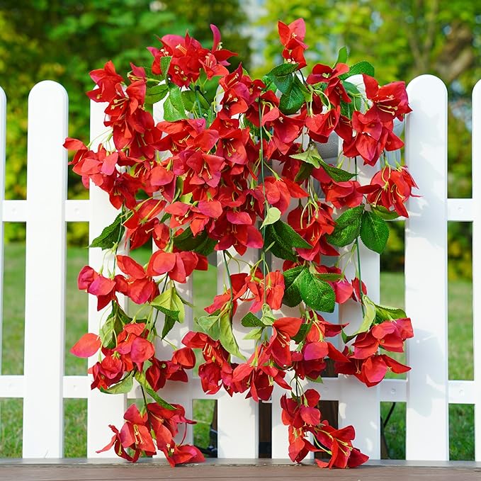 2PCS Bougainvillea Artificial Hanging Flowers Plants for Outdoors Outside Fall Decoration, Faux Silk Flowers Fake Vines UV Resistant Look Real Realistic for Front Door Porch Planter Balcony, Red