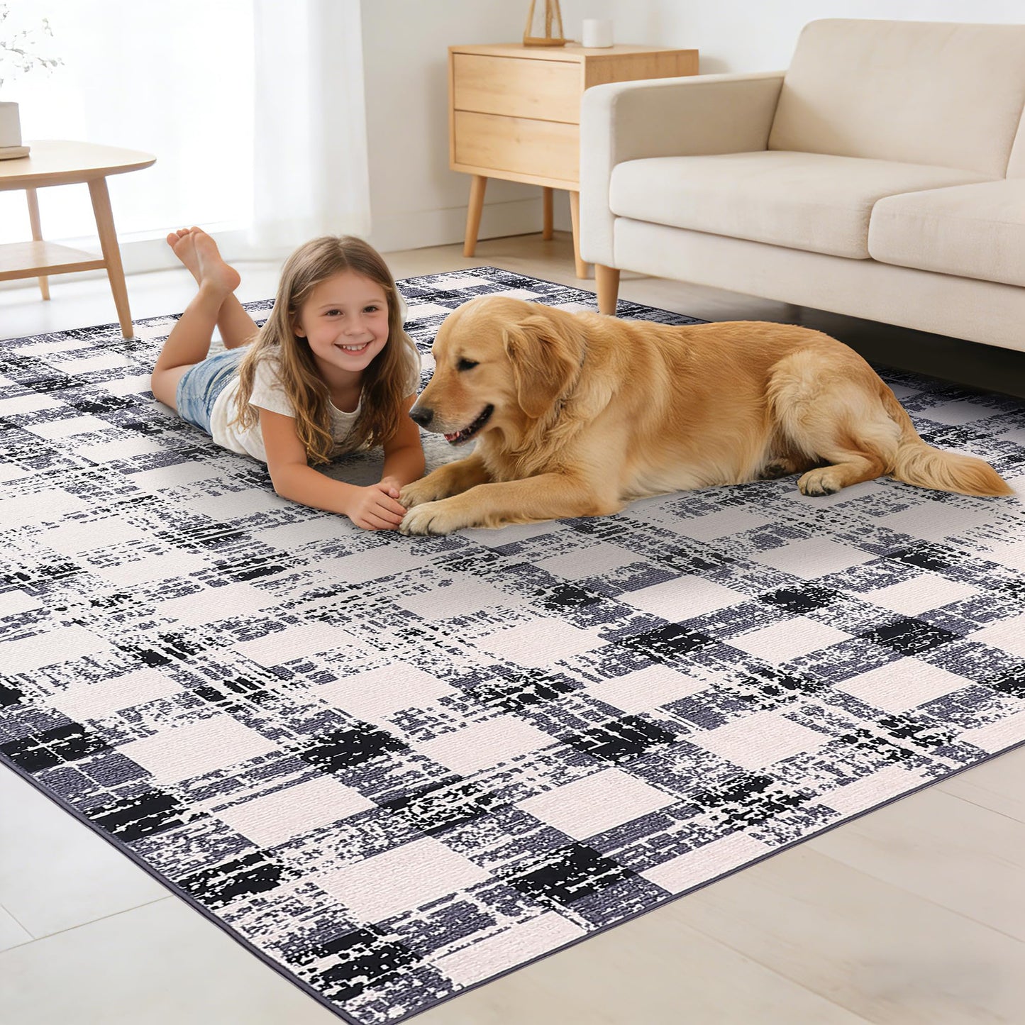 Garvee 9x12 Checkered Area Rug, Washable Modern Geometric Rug, Non Slip Low Pile Soft Carpet for Bedroom, Living Room, Dining Room, Black